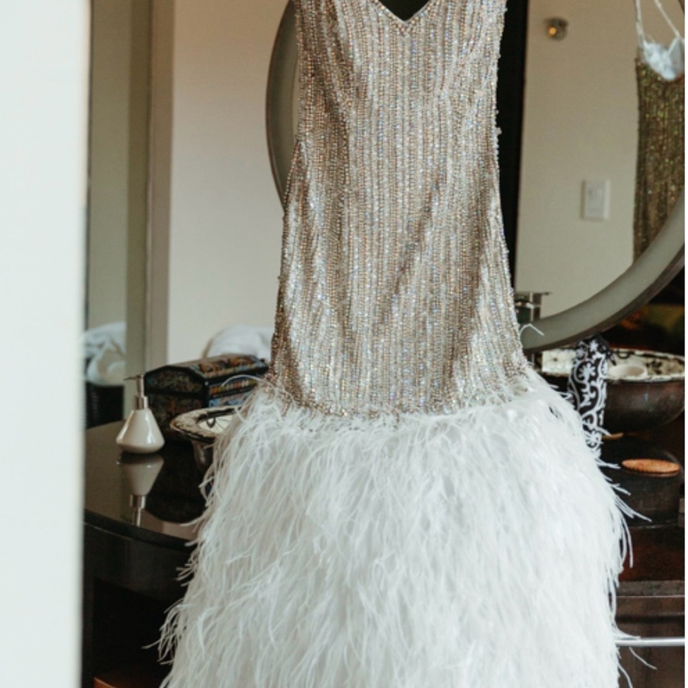 Elegant Silver and White Feather Dress